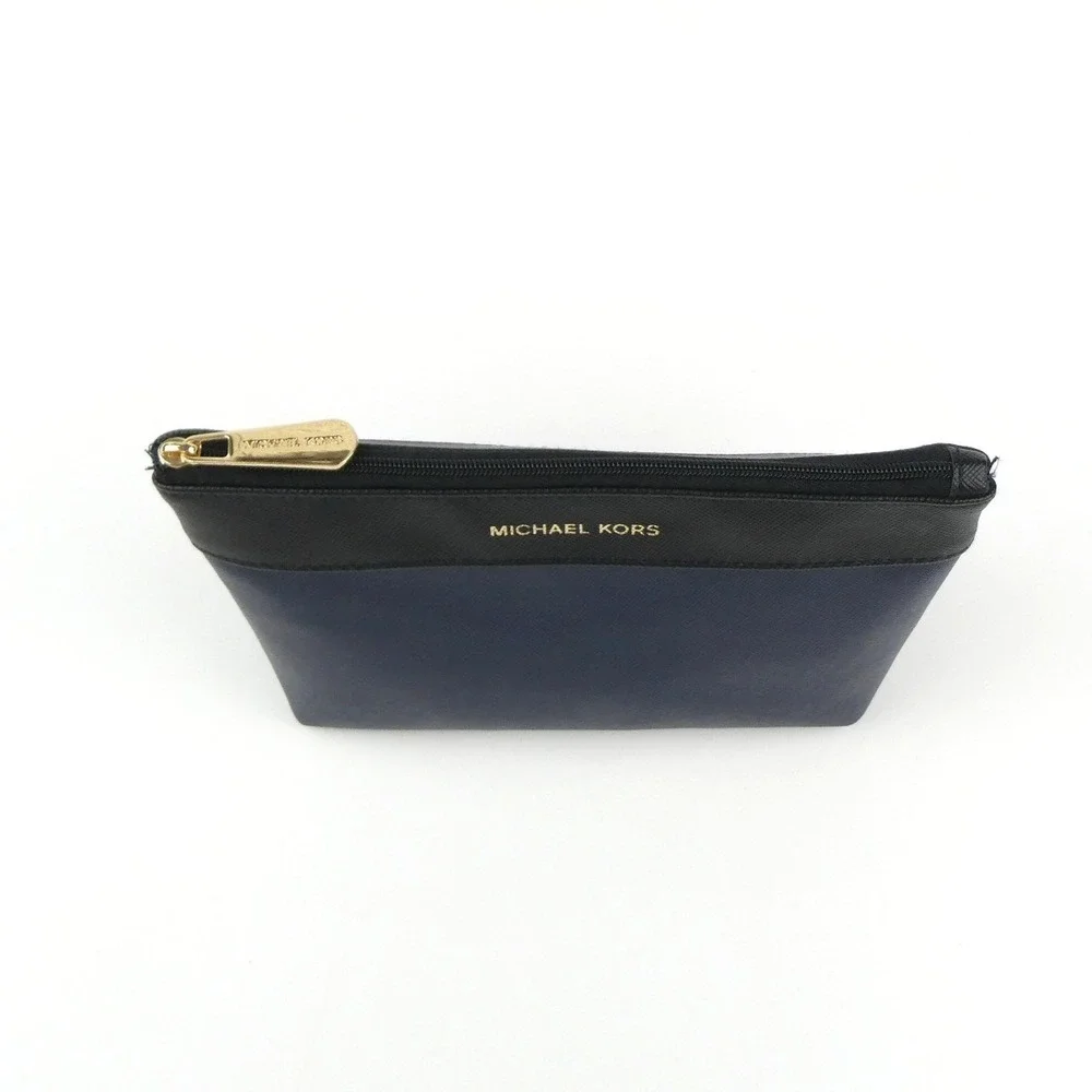 Michael Kors Black Navy Leather Cosmetic Zipper Pouch Case